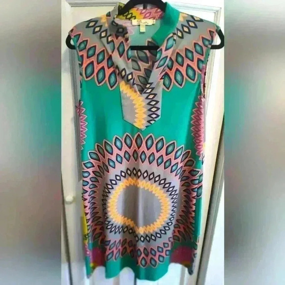 Aryeh Sleeveless V Neck Shift dress in Green/Pink | Size Medium - Picture 1 of 5